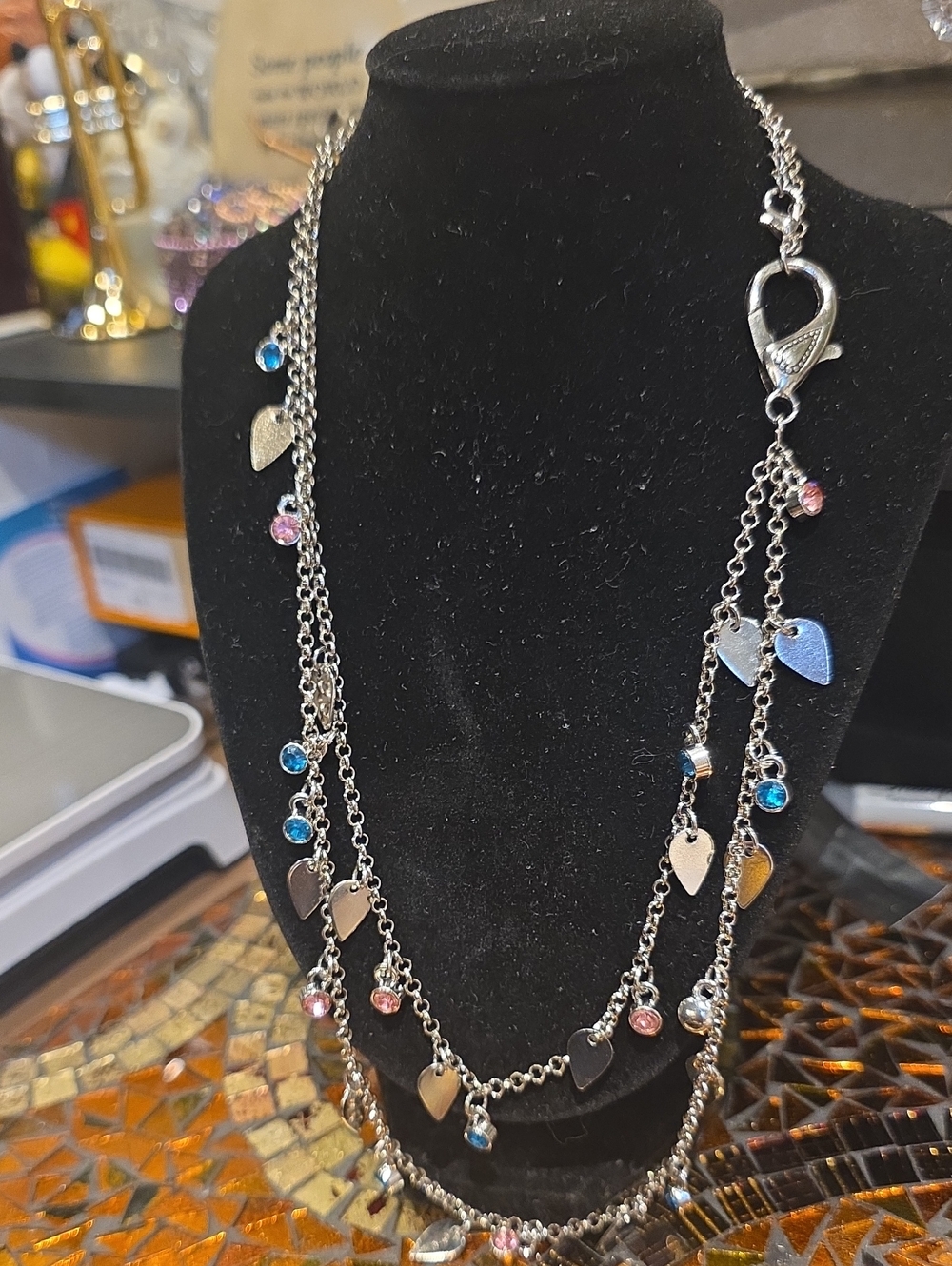 Silver Multi-Charm Chain With Charms For Hand Bags  with Blue and Pink Stones